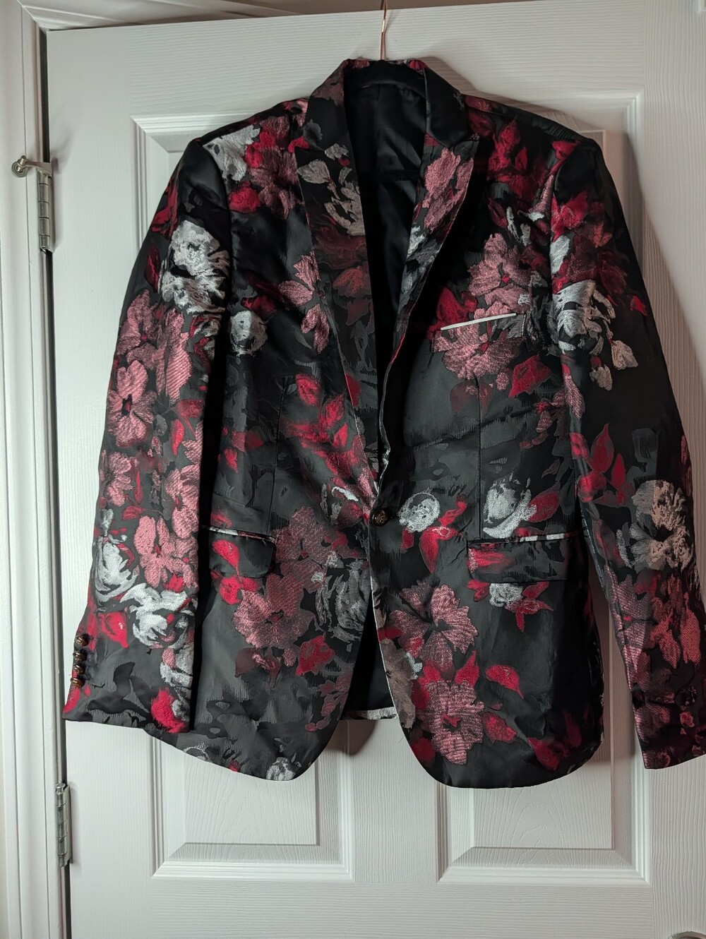 Men’s L Black Red Floral Jacquard Blazer Rose Brocade Tuxedo Dinner Jacket - Picture 2 of 7